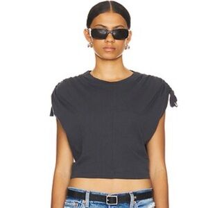 All Saints Black Crop Top Cassie tshirt shoulder ruched tie top